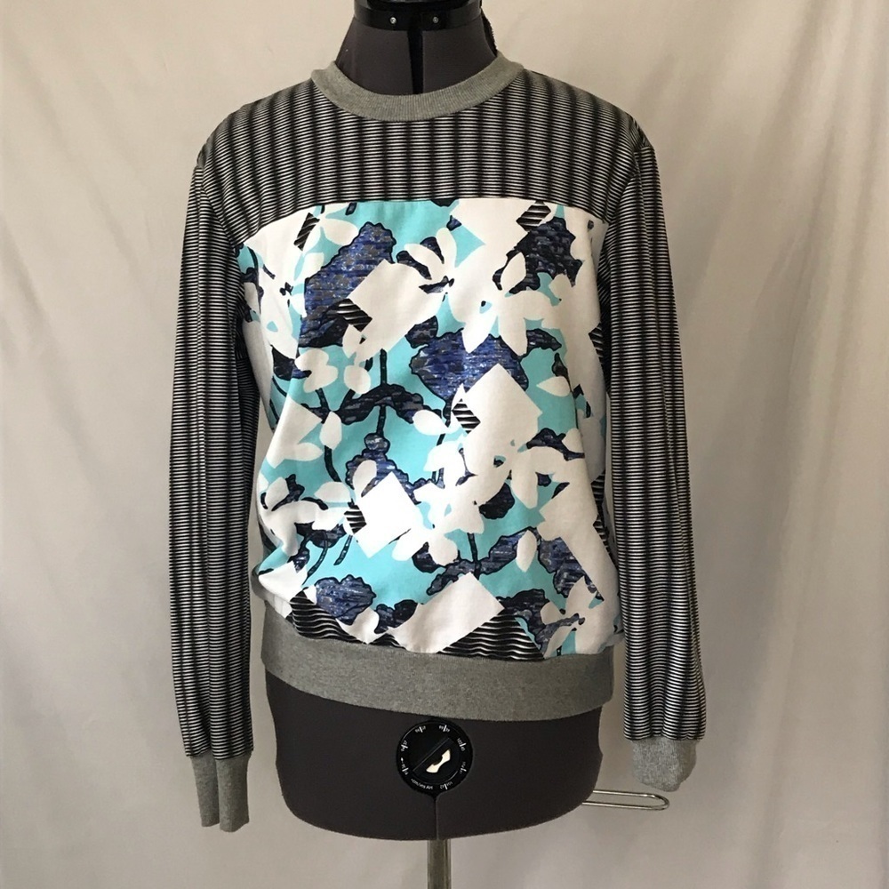 Peter Pilotto Cotton Blend Blue Black Stripe and Floral Sweatshirt • Size S 🗣